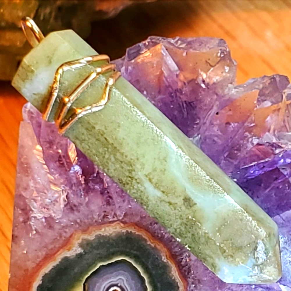 Vintage Natural Green Chrysoprase Crystal Point Pendant 14k gold plated